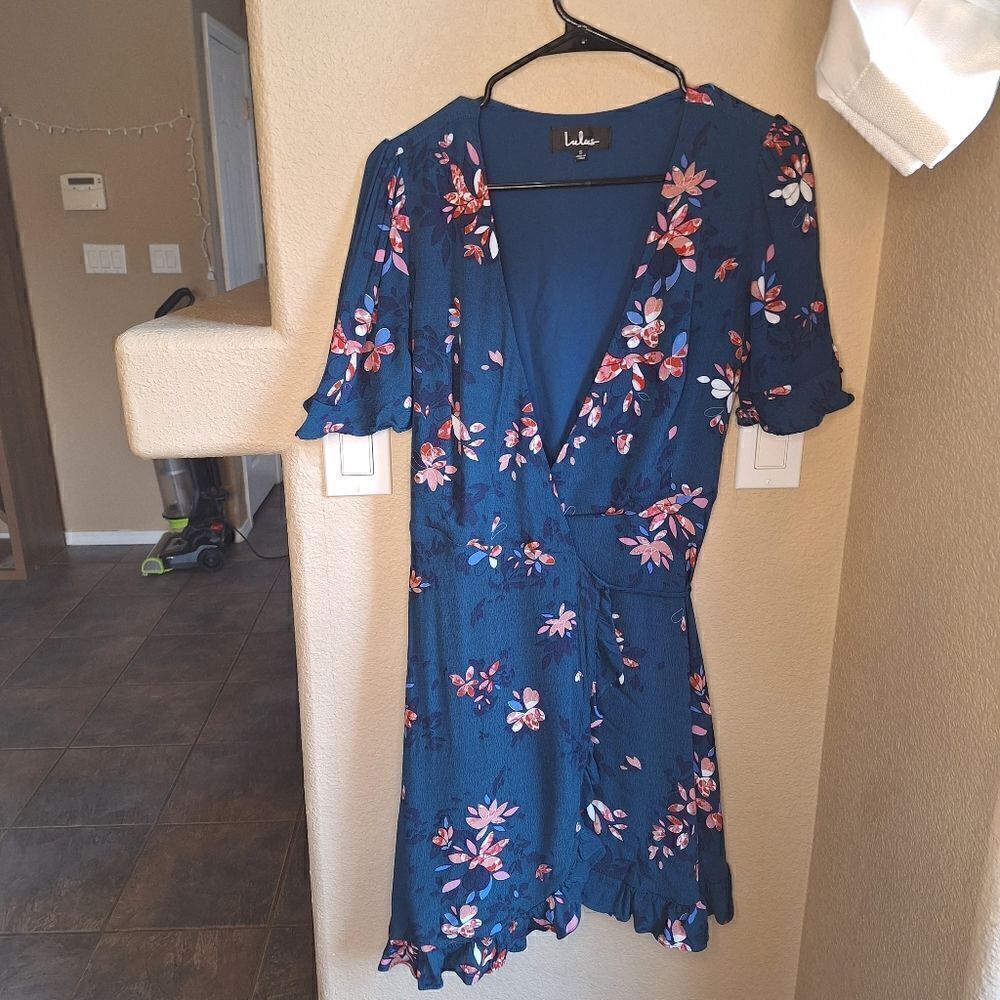 Lulus Dalton Teal Blue Floral Print Ruffled Wrap Dress small - Picture 4 of 8